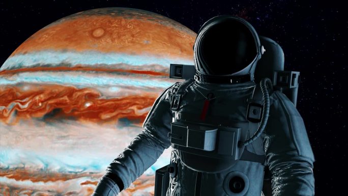 宇航员在木星前拥抱浩瀚的宇宙。