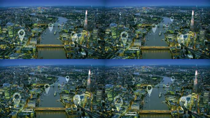 空中智慧城市。连接未来城市的本地化图标。技术理念、数据通信、人工智能、物联网。伦敦的天际线。