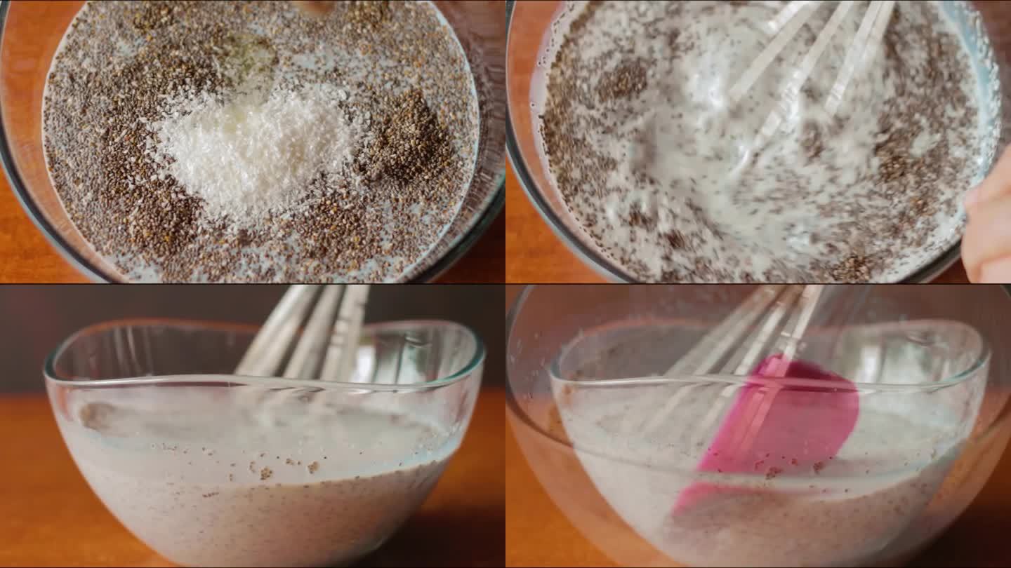 奇亚籽和椰子粉混合在牛奶里