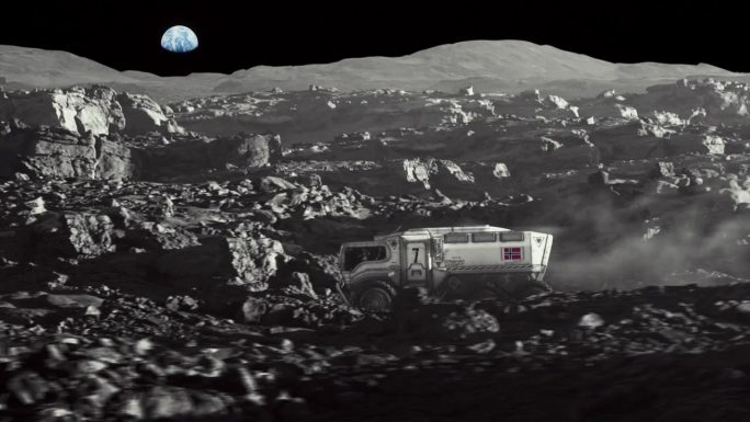 月球的太空殖民。带着挪威国旗的月球车正在探索地球表面