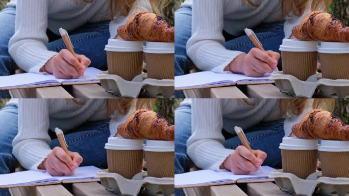 年轻的学生在公园里用笔记本学习。喝咖啡，吃牛角面包。写感恩日记，自我反省，自我发现