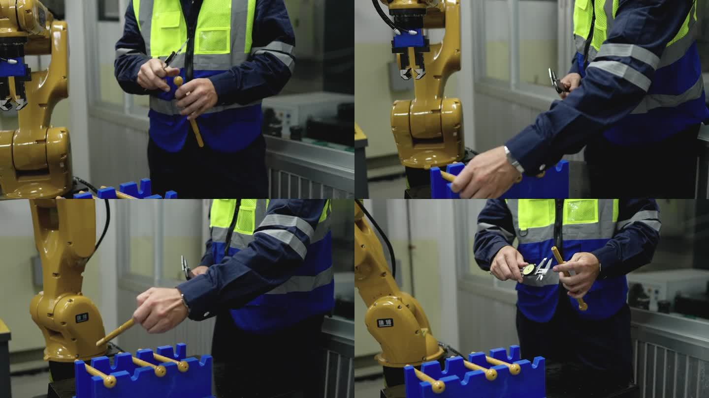 男工程师在工厂操作机器人的过程中使用工具检查零件