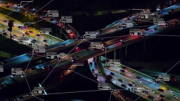 监视系统。主干道上交通的鸟瞰图。连接网络。识别和速度控制系统。未来的交通工具。人工智能。计算机视觉。