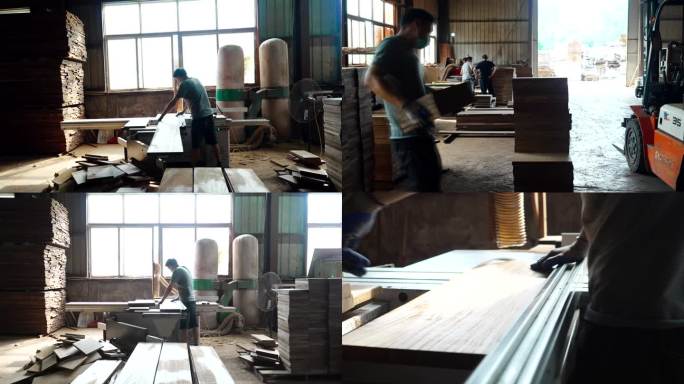工厂工人切割木板