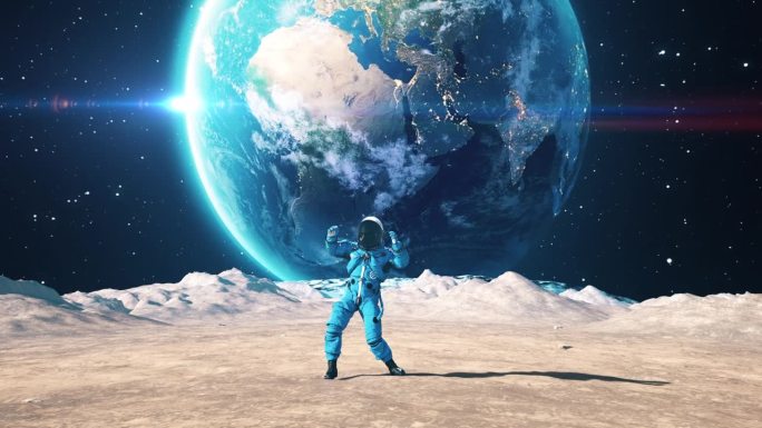 快乐的男宇航员在月球表面跳舞。庆祝他的成功。