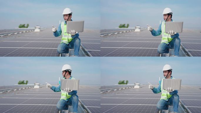 亚洲工程师负责计算太阳能电池板的数量，并在工厂屋顶的笔记本电脑上记录数据，年度维护概念