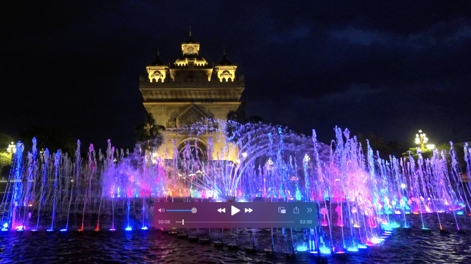 老挝万象凯旋门中国援助音乐喷泉长镜头4k