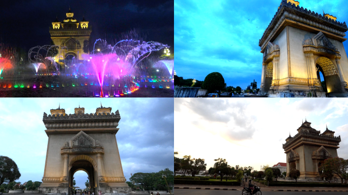 老挝万象凯旋门中国援助音乐喷泉长镜头4k