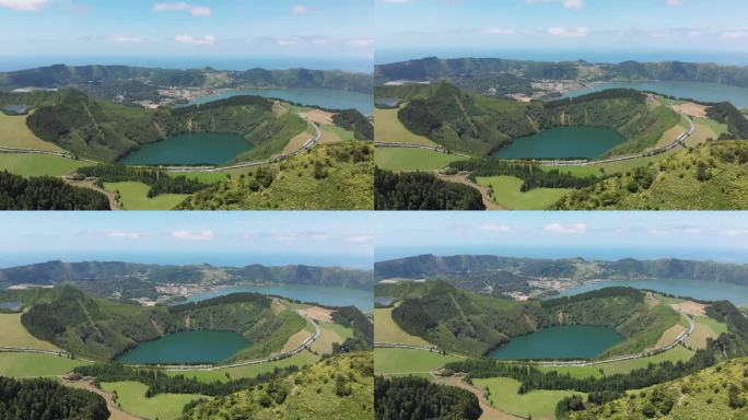 地狱观景台，葡萄牙，亚速尔群岛。Azul湖。航空摄影测量。4 k