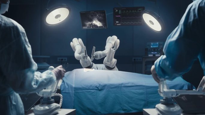 在未来医院里，两名外科医生戴着增强现实头盔，使用高精度遥控机械臂为病人做手术。医生使用机械肢体观察生