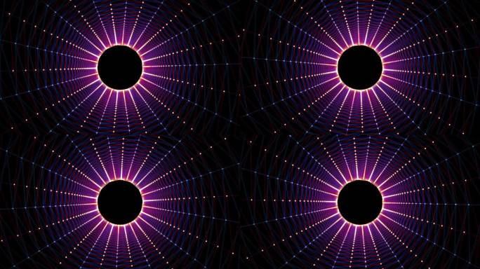 4K抽象红黄和螺旋传送。穿越虫洞漩涡隧道。中心的发光球体被编织的网包围着。艺术网络空间中的催眠运动。