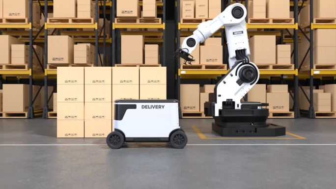 机器人手臂自动拿起箱子，机器人正在运送货物