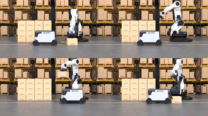 机器人手臂自动拿起箱子，机器人正在运送货物