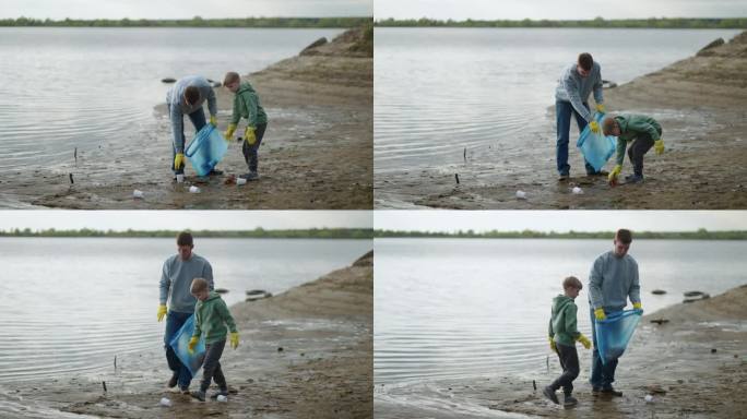 志愿者男孩和他的父亲从湖边收集垃圾，生态和保持自然清洁