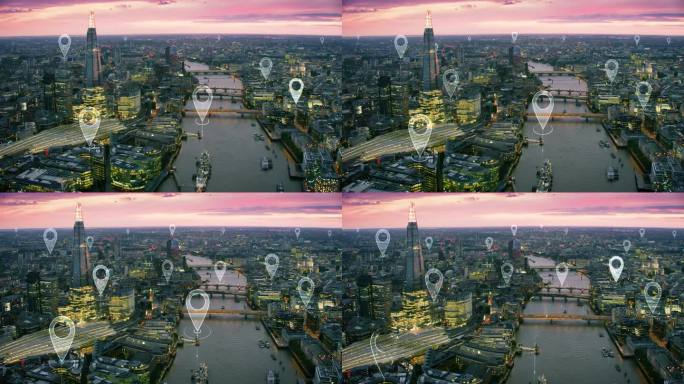 一个智慧和未来城市的鸟瞰图。著名的桥梁和建筑。伦敦的本地化图标。完美地说明概念:数据通信，人工智能，