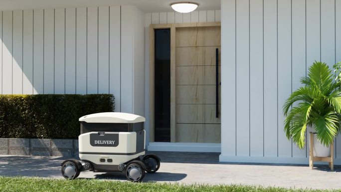 送餐机器人正驾驶着外卖迅速送到家门口。