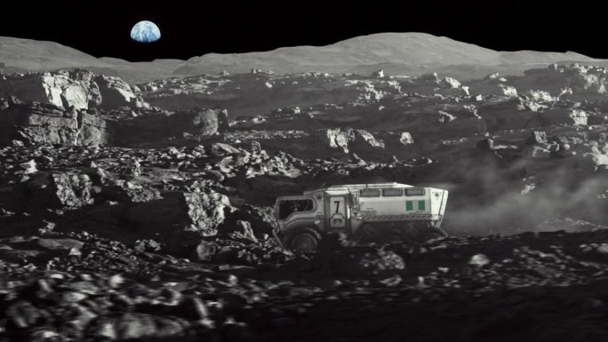 月球的太空殖民。带着尼日利亚国旗的月球车正在探索地球表面