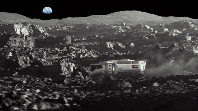 月球的太空殖民。带着阿联酋国旗的月球车正在探索地球表面
