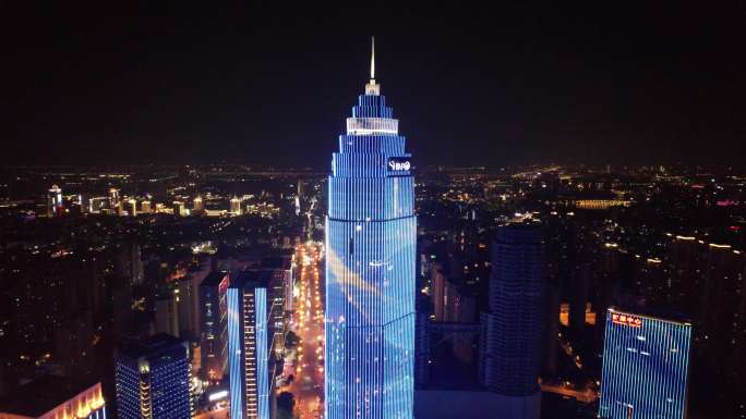 浙江绍兴迪荡湖世贸中心夜景灯光秀航拍