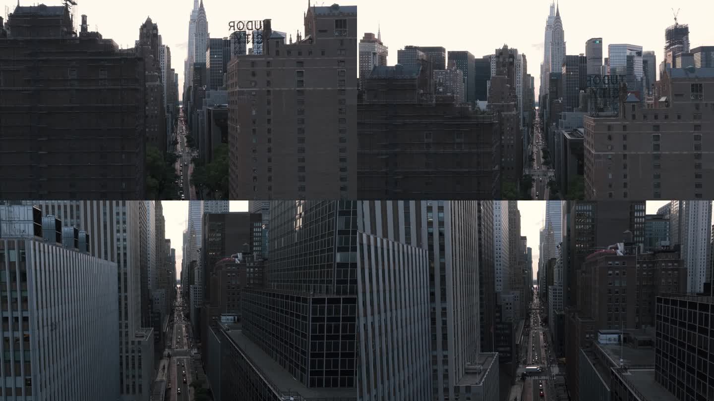 航拍纽约曼哈顿摩天大楼汽车街道城市天际线