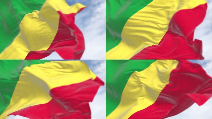 在一个晴朗的日子里，刚果共和国的国旗在风中飘扬。