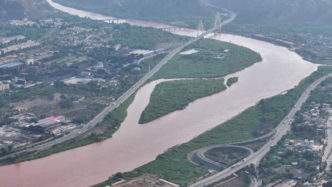 4K原素材-航拍兰州黄河、兰州西固区河口