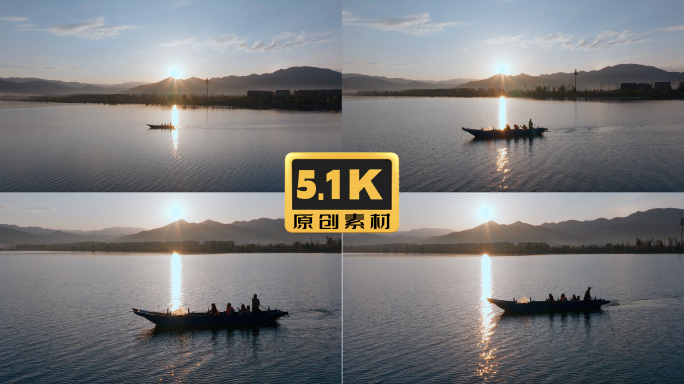 5K-落日下丽江泸沽湖泛舟的湖面，划船