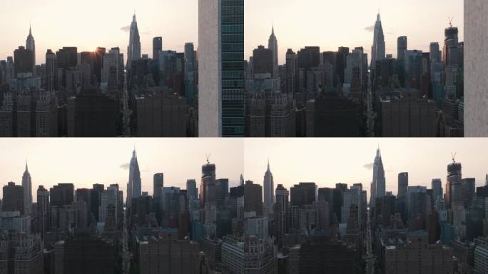 航拍纽约曼哈顿摩天大楼日出汽车街道天际线