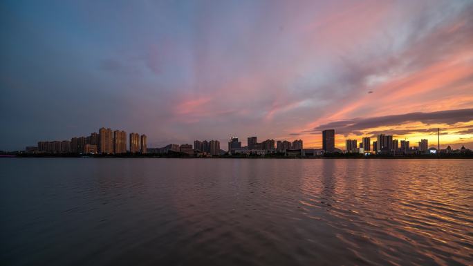 台州玉环新城晚霞日转夜航拍延时高楼cbd