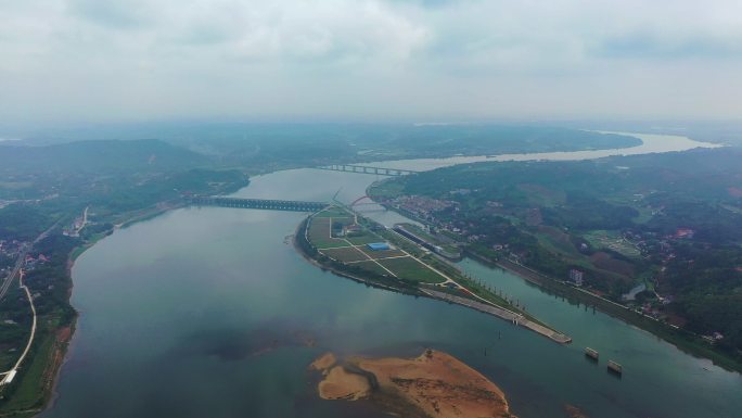 4K航拍湘江河流流域大源渡水电站
