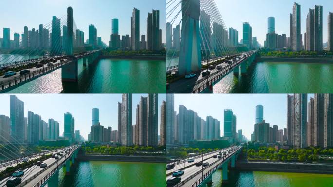 4K航拍长沙湘江沿岸一线江景跨湘江大桥4