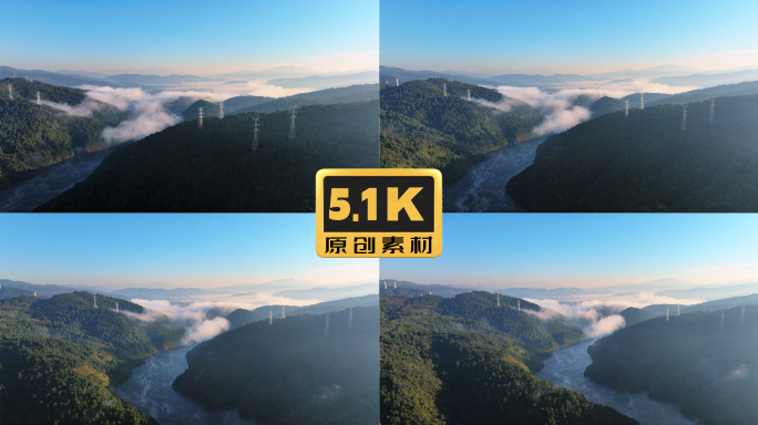 5K-日出云海松华坝云雾缭绕山间的输电线