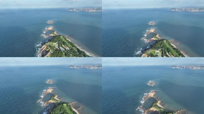 航拍俯瞰夏季的威海刘公岛东泓炮台海岬海岸