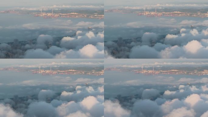 航拍威海市经开区威海湾上空的朵朵白云