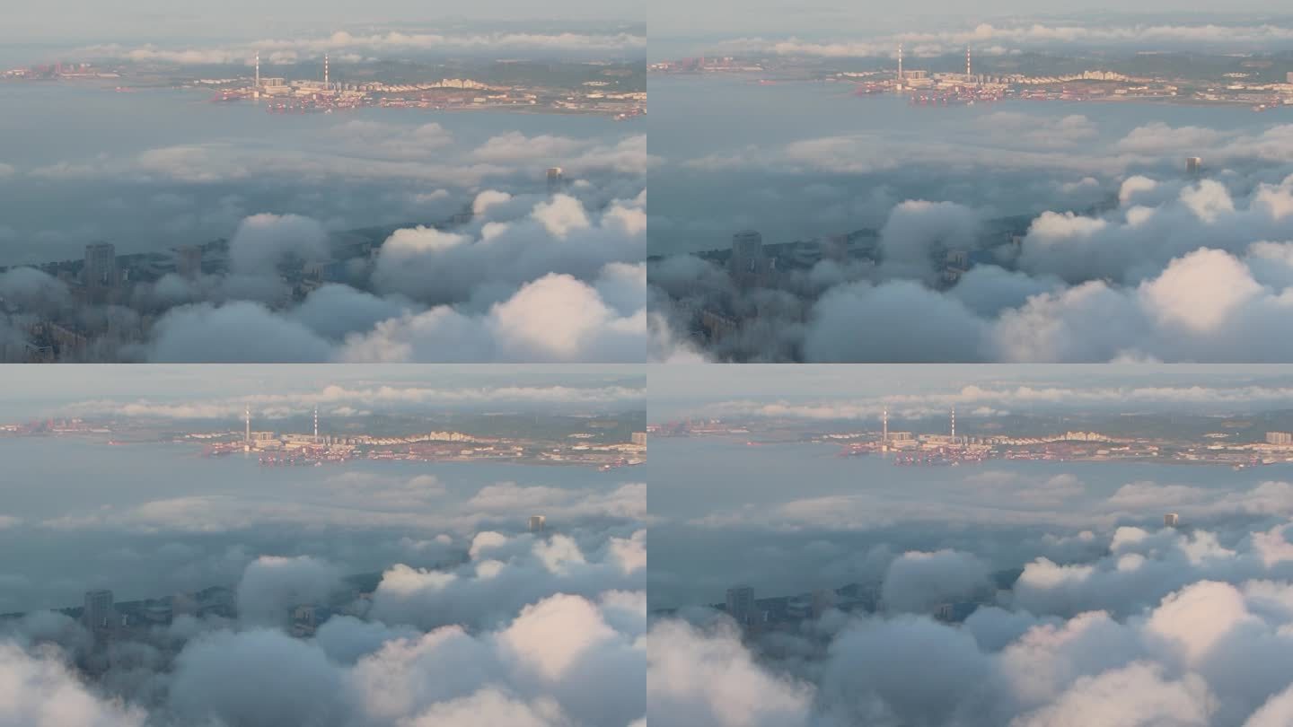 航拍威海市经开区威海湾上空的朵朵白云