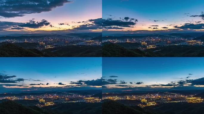 4K张家口晚霞城市晚霞亮灯夜景