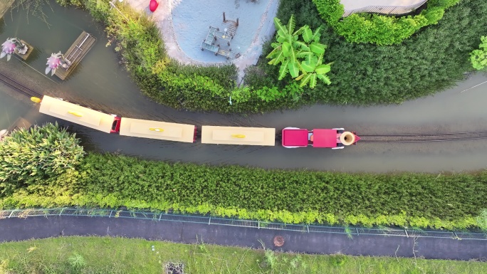 航拍江门古劳水乡旅游区小火车