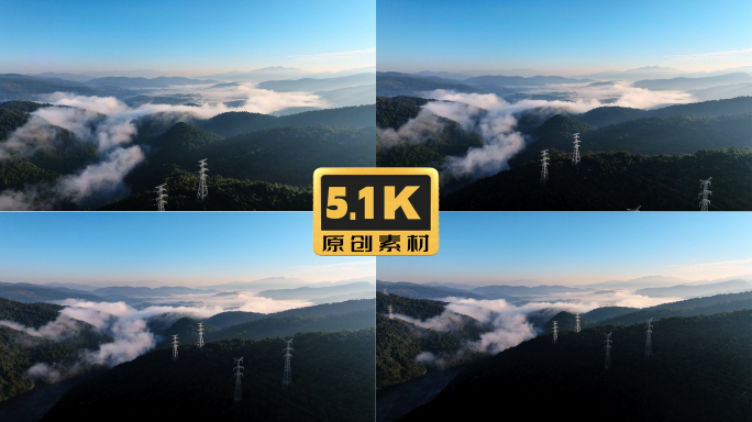 5K-山川云雾缭绕，云雾缭绕山间的输电线