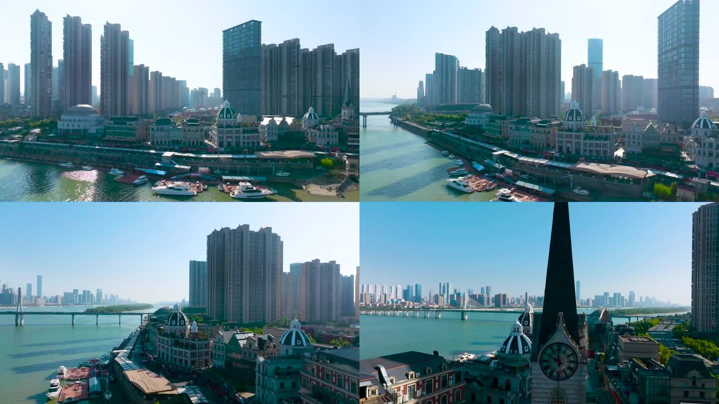 4K航拍长沙市中心一线江景跨湘江大桥