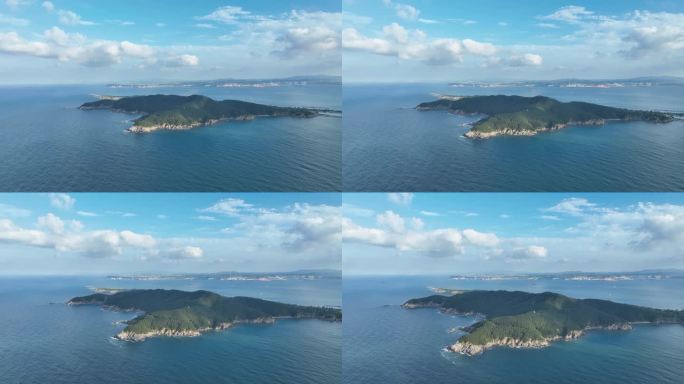 航拍蓝天白云之下的威海刘公岛
