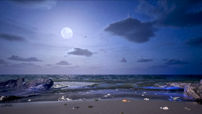夜晚海边沙滩月亮海浪梦幻唯美舞台场景