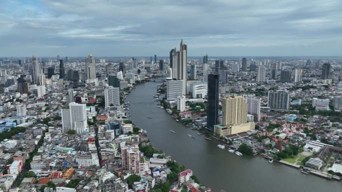 原创 航拍泰国曼谷湄南河城市高楼天际线