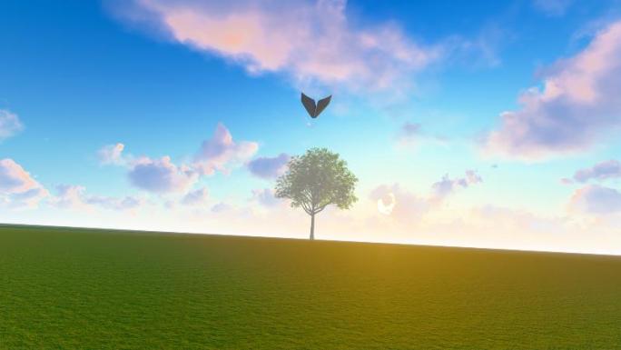 纸飞机迎着日出在田野草地自由翱翔追逐梦想