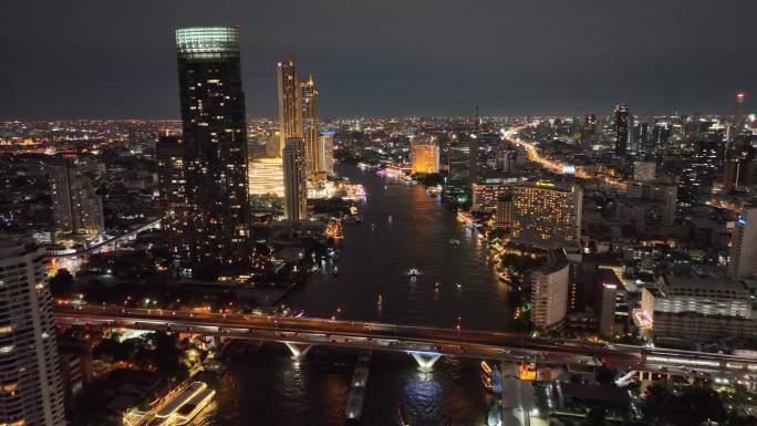 泰国曼谷湄南河城市高楼夜景航拍风光