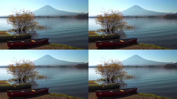 川口湖那边是富士山:岸边的独木舟