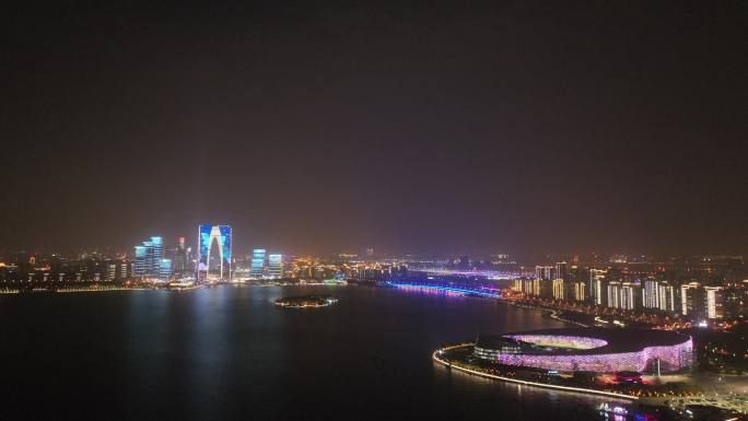 4K航拍苏州园区金鸡湖城市夜景