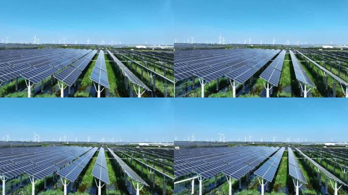 光伏太阳能发电站和风力发电风车航拍