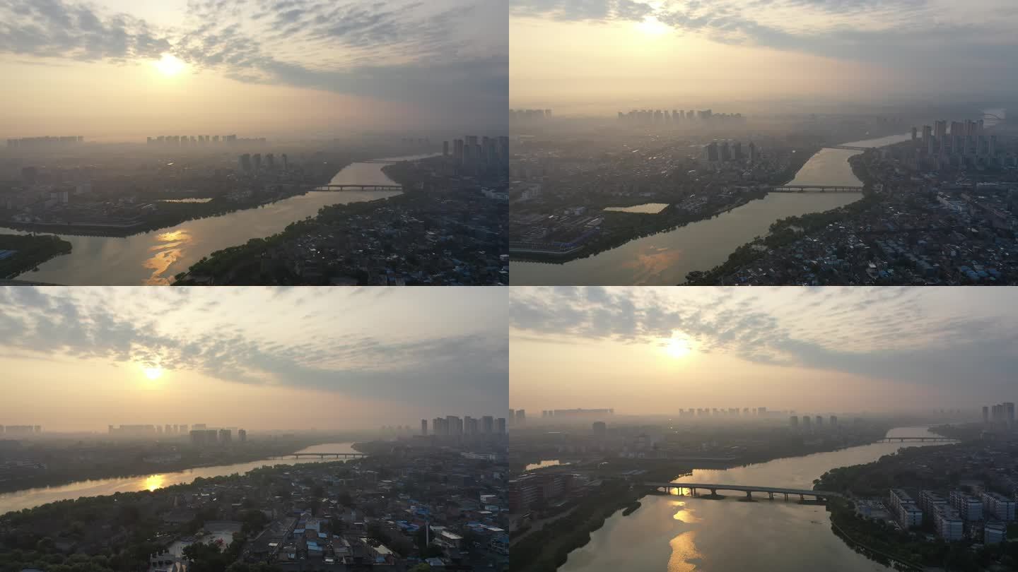 航拍亳州涡河落日，夕阳素材