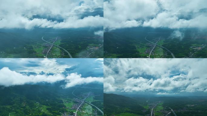 高速路公路航拍烟雨朦胧 山村生态宜居