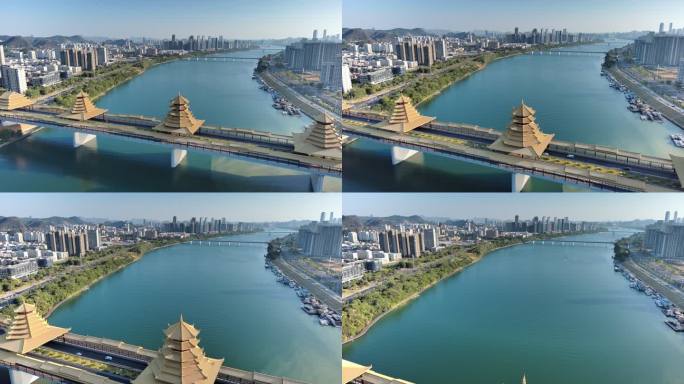 航拍广西柳州凤凰岭大桥与柳江滨水城市风光